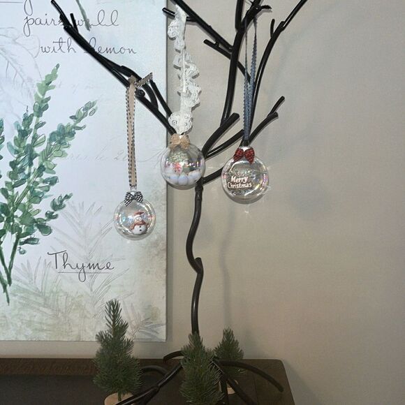 Upcycled Clear Glass Ornaments 3 Different Christmas Balls Sign Frosty Floral - Picture 2 of 15